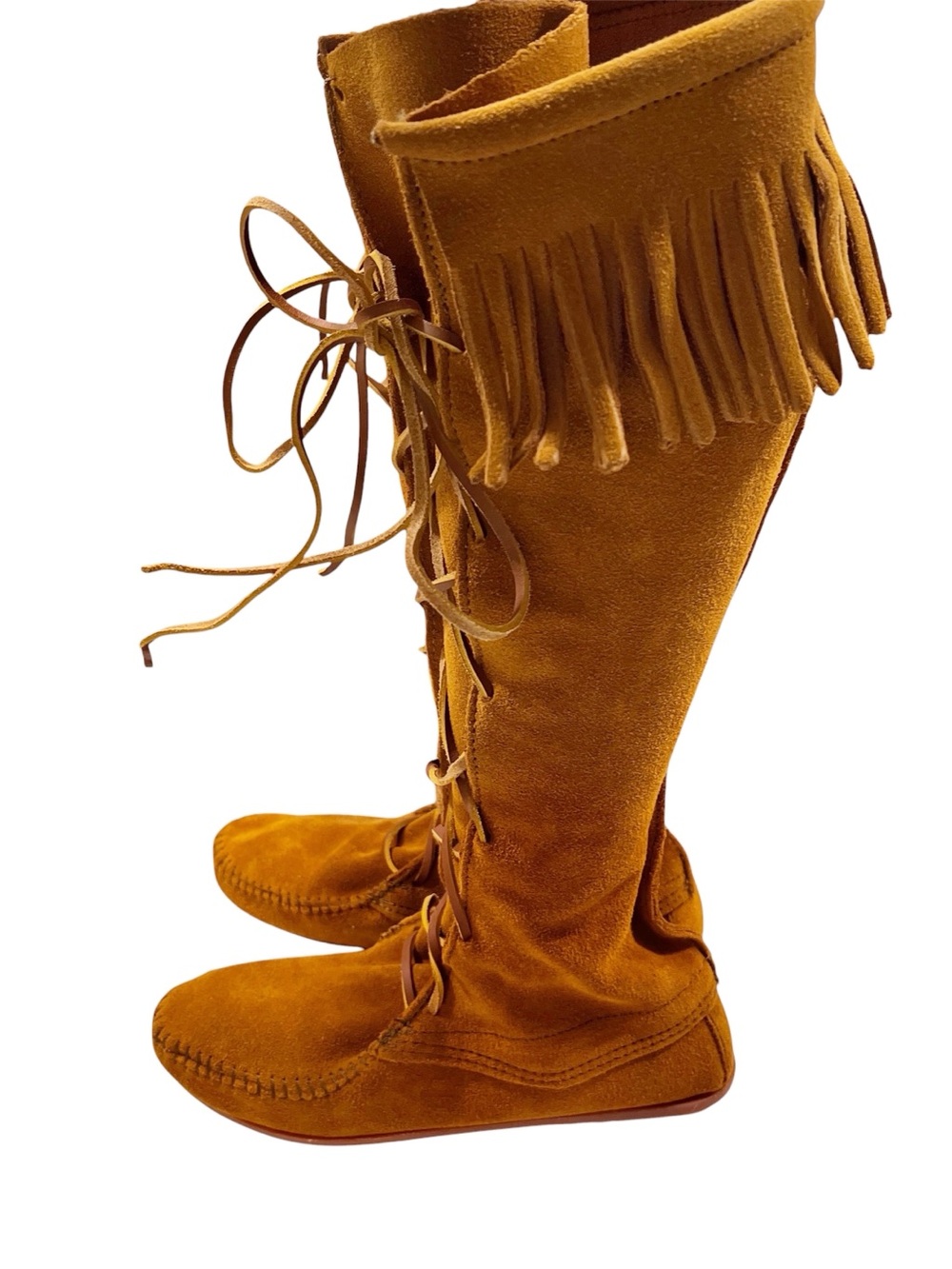 Minnetonka Women's 7 India Brown Suede Fringe Knee-High Lace-Up Moccasin Boots - Picture 4 of 8